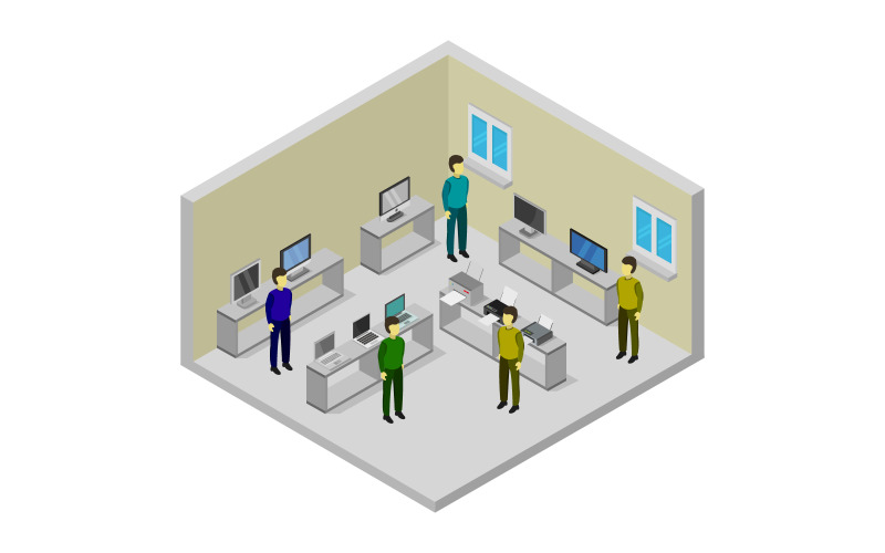 Download Vector "Isometric electronics store - Vector Image" / Isometric electronics store - Vector Image - Vector на тему графика illustration,room,people,technology,store,isometric,business,isometry,vector,design,flat,3d,icon,concept,gadget,shop,buying,help,techno,laptops