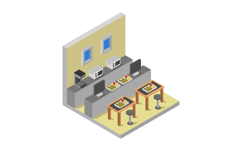 Download Vector "Isometric fast food room on white background - Vector Image" / Isometric fast food room on white background - Vector Image - Vector на тему графика illustration,coffee,fast,room,food,store,restaurant,isometric,business,table,vector,design,bar,3d,interior,building,icon,commercial,pub,shop