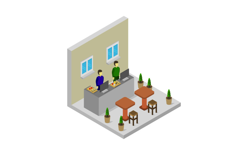 Download Vector "Isometric fast food room - Vector Image" / Isometric fast food room - Vector Image - Vector на тему графика illustration,coffee,fast,room,food,store,restaurant,isometric,business,table,vector,design,bar,3d,interior,building,icon,commercial,pub,shop