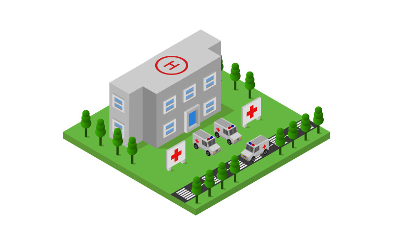 Download Vector "Isometric hospital on white background - Vector Image" / Isometric hospital on white background - Vector Image - Vector на тему графика clinic,illustration,paramedic,service,health,rescue,map,hospital,vector,design,street,urgency,vehicle,icon,exterior,city,ambulance,isometric,town,3d