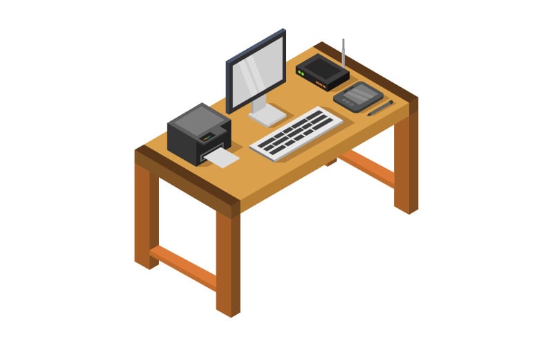Isometric office desk on a white background - Vector Image