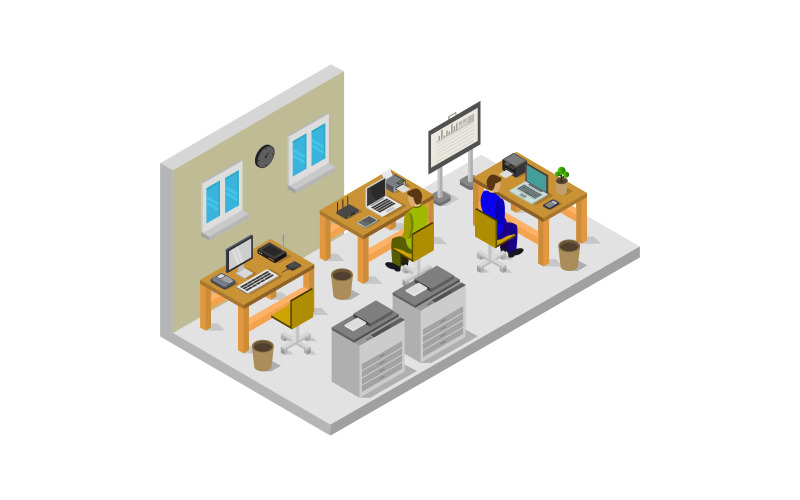 Download Vector "Isometric office room on a white background - Vector Image" / Isometric office room on a white background - Vector Image - Vector на тему графика workplace,room,team,isometric,business,table,furniture,3d,interior,office,infographic,indoor,wall,illustration,desk,corporate,pc,seat,cutaway,monitor