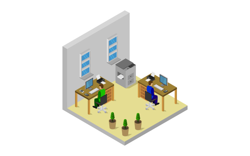 Download Vector "Isometric office room - Vector Image" / Isometric office room - Vector Image - Vector на тему графика workplace,room,team,isometric,business,table,furniture,3d,interior,office,infographic,indoor,wall,illustration,desk,corporate,pc,seat,cutaway,monitor