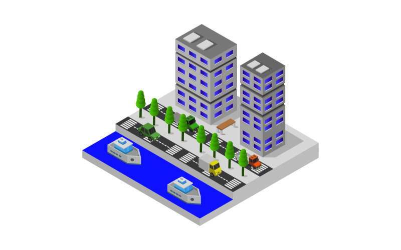 Изометрический город с морем - изображение в векторном формате