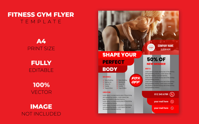 Download Фирменный стиль "Fitness Gym Flyer Design - Corporate Identity Template" / Fitness Gym Flyer Design - Corporate Identity Template - Фирменный стиль на тему графика flyer,gym,fitness,promotion,ads,advert,modern,banner,brochure,poster,cover,profile,elegnat,element,graphics,design,colorful,abstract,printable