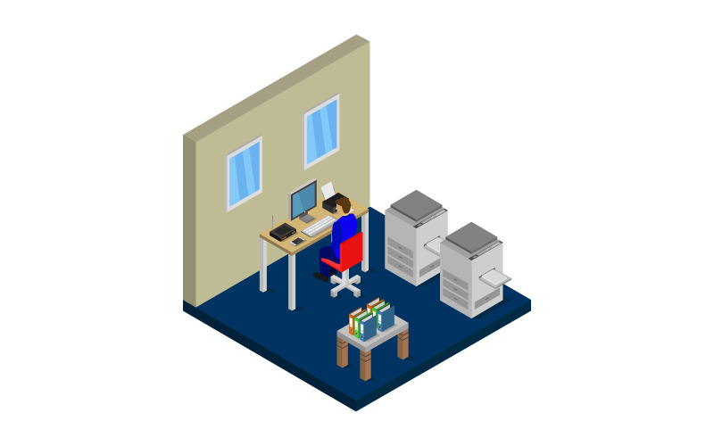 Download Vector "Isometric and Colorful Office Room - Vector Image" / Isometric and Colorful Office Room - Vector Image - Vector на тему графика workplace,illustration,corporate,room,monitor,isometric,work,business,table,vector,modern,3d,interior,building,house,inside,office,infographic,cartoon,indoor