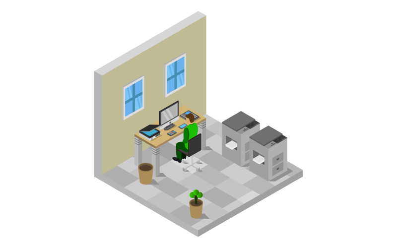 Download Vector "Isometric Office Room - Vector Image" / Isometric Office Room - Vector Image - Vector на тему графика workplace,illustration,corporate,room,monitor,isometric,work,business,table,vector,modern,3d,interior,building,house,inside,office,infographic,cartoon,indoor