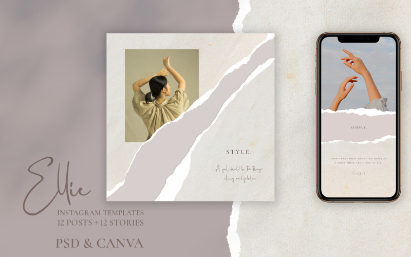 Download Шаблон для соцсетей "Ellie - Instagram Posts &amp; Stories Social Media Template" / Ellie - Instagram Posts &amp; Stories Social Media Template - Шаблон для соцсетей на тему графика instagram,stories,post,template,canva,paper,texture,elegant,minimalism,fashion,tear,simple,2020,modern,minimal,soft,nude,psd,png