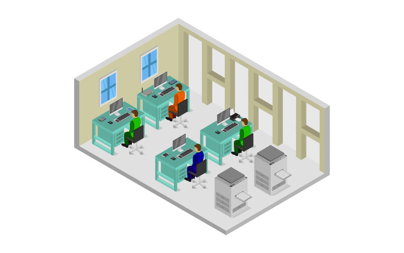 Download Vector "Isometric office room - Vector Image" / Isometric office room - Vector Image - Vector на тему графика workplace,room,team,isometric,business,table,furniture,3d,interior,office,infographic,indoor,wall,illustration,desk,corporate,pc,seat,cutaway,monitor