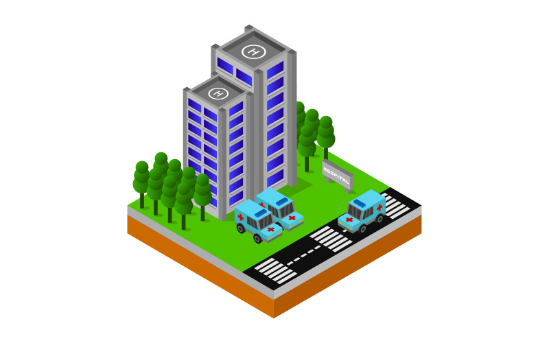 Download Vector "Colorful isometric hospital on white background - Vector Image" / Colorful isometric hospital on white background - Vector Image - Vector на тему графика clinic,illustration,paramedic,service,health,rescue,map,hospital,vector,design,street,urgency,vehicle,icon,exterior,city,ambulance,isometric,town,3d