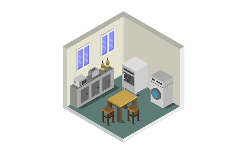 Download Vector "Isometric kitchen room on a white background - Vector Image" / Isometric kitchen room on a white background - Vector Image - Vector на тему графика cutaway,room,oven,architecture,table,kitchen,vector,stove,isometric,sink,furniture,cross-section,low,poly,plan,3d,fridge,infographic,apartment,wall