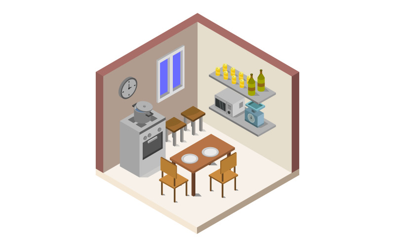 Download Vector "Isometric kitchen room - Vector Image" / Isometric kitchen room - Vector Image - Vector на тему графика cutaway,room,oven,architecture,table,kitchen,vector,stove,isometric,sink,furniture,cross-section,low,poly,plan,3d,fridge,infographic,apartment,wall