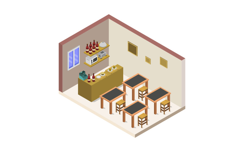 Download Vector "Isometric restaurant - Vector Image" / Isometric restaurant - Vector Image - Vector на тему графика illustration,cafe,menu,restaurant,isometric,chair,table,vector,design,building,sign,room,store,interior,shop,storefront,window,front,showcase,coffee