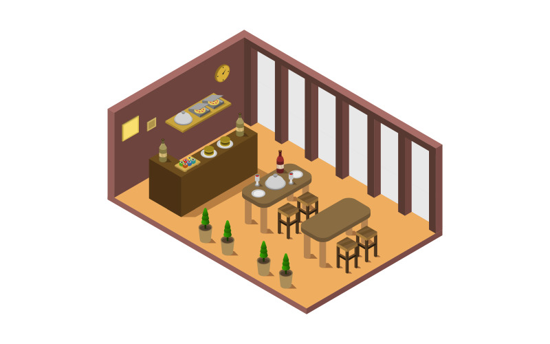 Download Vector "Isometric restaurant - Vector Image" / Isometric restaurant - Vector Image - Vector на тему графика illustration,cafe,menu,restaurant,isometric,chair,table,vector,design,building,sign,room,store,interior,shop,storefront,window,front,showcase,coffee