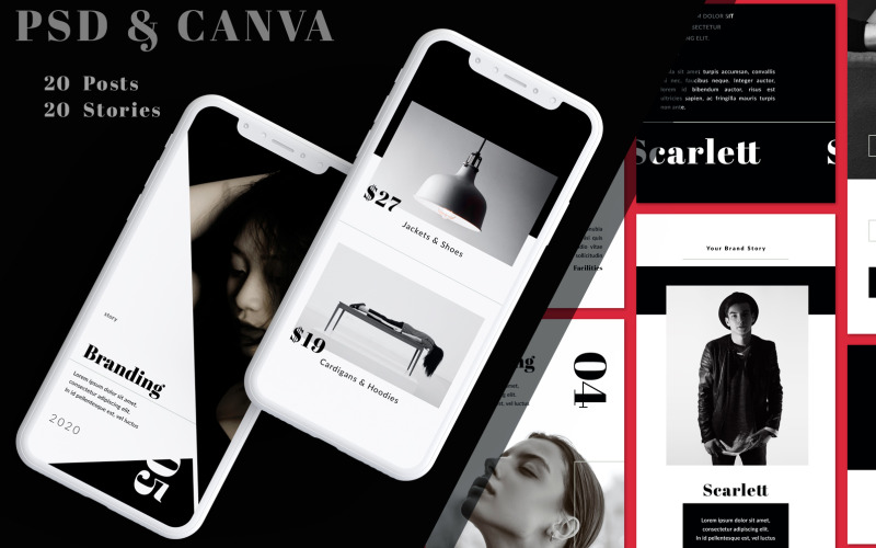 Download Шаблон для соцсетей "Scarlett - Instagram Templates for Social Media" / Scarlett - Instagram Templates for Social Media - Шаблон для соцсетей на тему графика beauty,fashion,instagram,story,photoshop,stories,banner,banners,business,clean,company,insta,post,puzzle,canva,templates