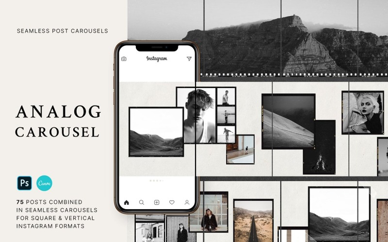 Download Шаблон для соцсетей "Analog - Carousel Post Templates for Social Media" / Analog - Carousel Post Templates for Social Media - Шаблон для соцсетей на тему графика social,instagram,carousel,gallery,vintage,fil,polaroid,studio,feminile,slide,analog,frame,social_media,ig_story,puzzle,portfolio,photography
