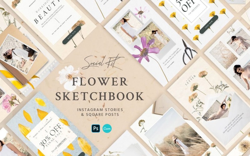 Download Шаблон для соцсетей "Flower Sketchbook Stories Kit Social Media Template" / Flower Sketchbook Stories Kit Social Media Template - Шаблон для соцсетей на тему графика flowers,kit,vintage,book,folder,paper,dry,flower,sketchbook,ripped,torn,decoration,fine_art,paper_mockup,mockup,instagram,stories,petals,influencer