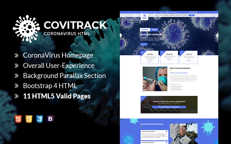 Covitrack - Coronavirus HTML Web Sitesi Şablonu
