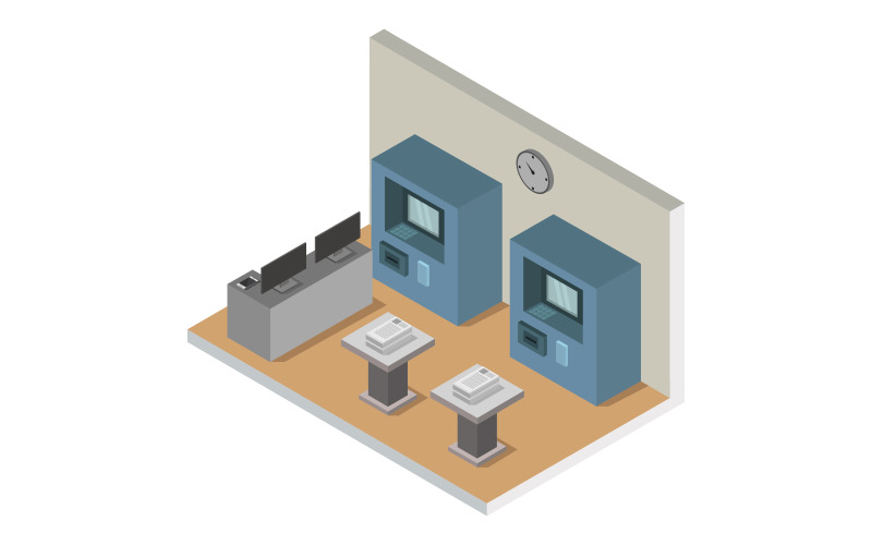 Download Vector "Isometric bank room - Vector Image" / Isometric bank room - Vector Image - Vector на тему графика finance,illustration,exchange,desk,service,room,isometric,chair,business,atm,vector,client,bank,3d,interior,office,staff,manager,design,isolated