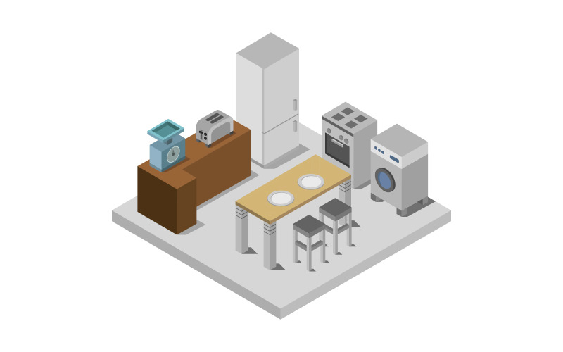Download Vector "Isometric kitchen room on background - Vector Image" / Isometric kitchen room on background - Vector Image - Vector на тему графика room,vector,isometric,fridge,meal,food,chef,restaurant,cooking,equipment,professional,illustration,cutaway,cross-section,oven,set,architecture,table,kitchen,stove