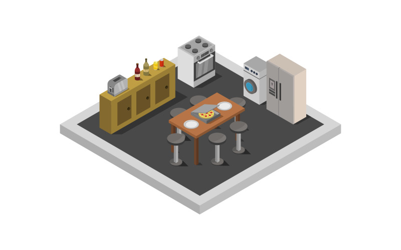 Download Vector "Isometric kitchen room - Vector Image" / Isometric kitchen room - Vector Image - Vector на тему графика room,vector,isometric,fridge,meal,food,chef,restaurant,cooking,equipment,professional,illustration,cutaway,cross-section,oven,set,architecture,table,kitchen,stove