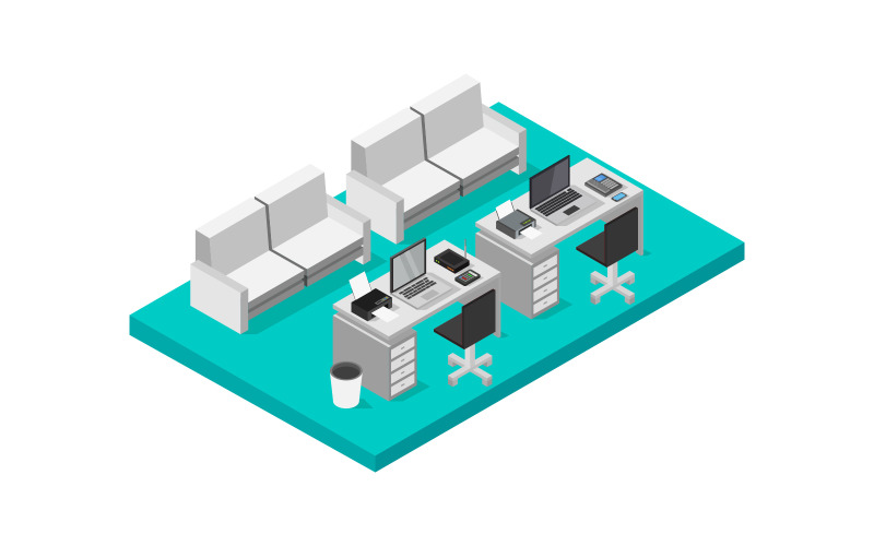Download Vector "Isometric office room - Vector Image" / Isometric office room - Vector Image - Vector на тему графика workplace,room,team,isometric,business,table,furniture,3d,interior,office,infographic,indoor,wall,illustration,desk,corporate,pc,seat,cutaway,monitor