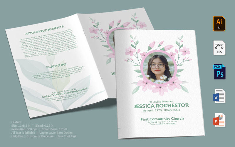Download Фирменный стиль "Printable Funeral Program - Corporate Identity Template" / Printable Funeral Program - Corporate Identity Template - Фирменный стиль на тему графика printable,funeral,memorial,obituary,bituary,program,service,template,brochure,card,custom,photoshop,illuastator,vector,word,powerpoint,psd,ai,eps,docx
