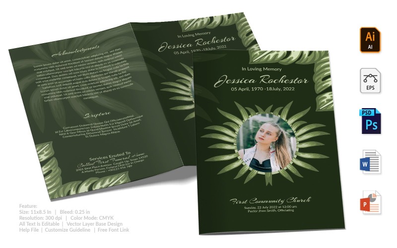 Download Фирменный стиль "Printable Funeral Program - Corporate Identity Template" / Printable Funeral Program - Corporate Identity Template - Фирменный стиль на тему графика printable,funeral,memorial,obituary,bituary,program,service,template,brochure,card,custom,photoshop,illuastator,vector,word,powerpoint,psd,ai,eps,docx