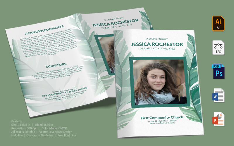 Download Фирменный стиль "Printable Funeral Program FPT003 - Corporate Identity Template" / Printable Funeral Program FPT003 - Corporate Identity Template - Фирменный стиль на тему графика printable,funeral,memorial,obituary,bituary,program,service,template,brochure,card,custom,photoshop,illuastator,vector,word,powerpoint,psd,ai,eps,docx