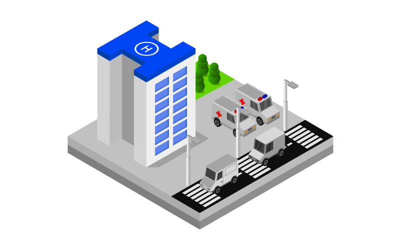 Download Vector "Isometric hospital on white background - Vector Image" / Isometric hospital on white background - Vector Image - Vector на тему графика clinic,illustration,paramedic,service,health,map,hospital,vector,design,street,urgency,icon,exterior,city,ambulance,isometric,town,building,facade,emergency