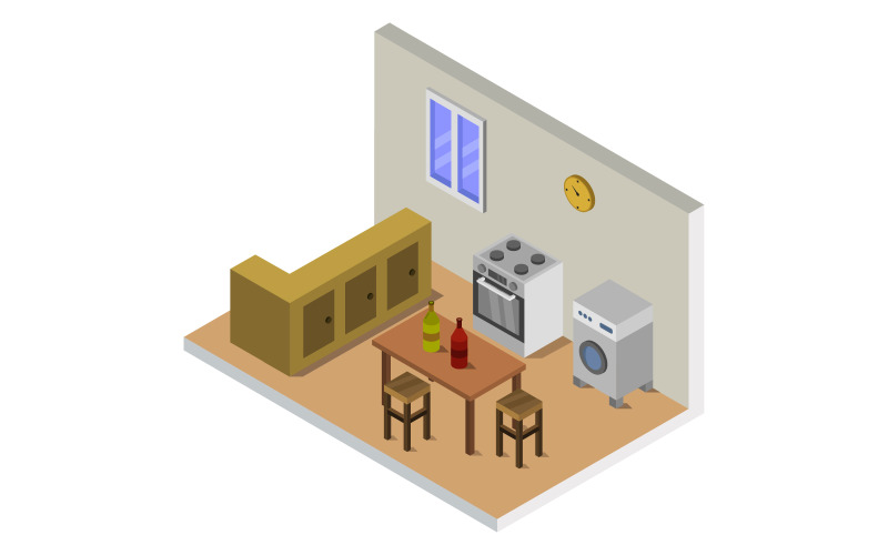 Download Vector "Isometric kitchen room - Vector Image" / Isometric kitchen room - Vector Image - Vector на тему графика cutaway,room,oven,architecture,table,kitchen,vector,stove,isometric,sink,furniture,cross-section,low,poly,plan,3d,fridge,infographic,apartment,wall