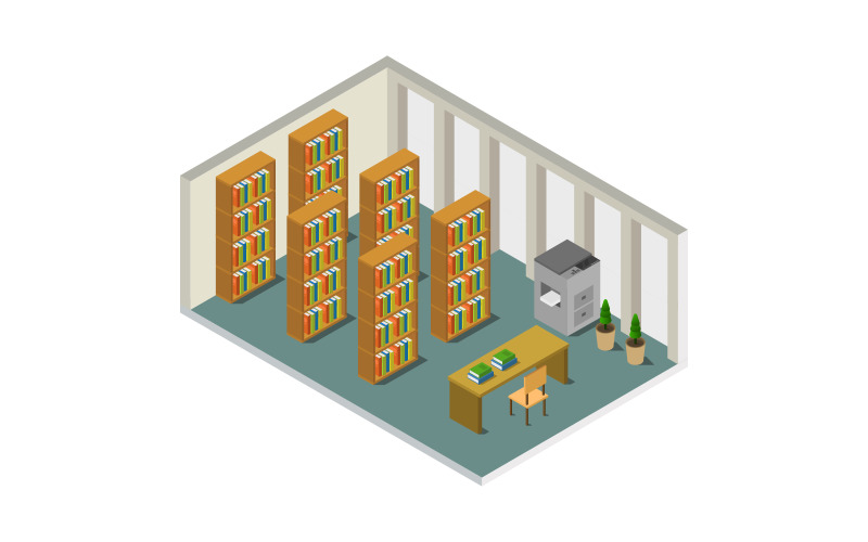Download Vector "Isometric library room - Vector Image" / Isometric library room - Vector Image - Vector на тему графика illustration,isometric,campus,bookshelf,table,vector,school,furniture,library,3d,university,education,study,chair,interior,object,information,science,shelf,room