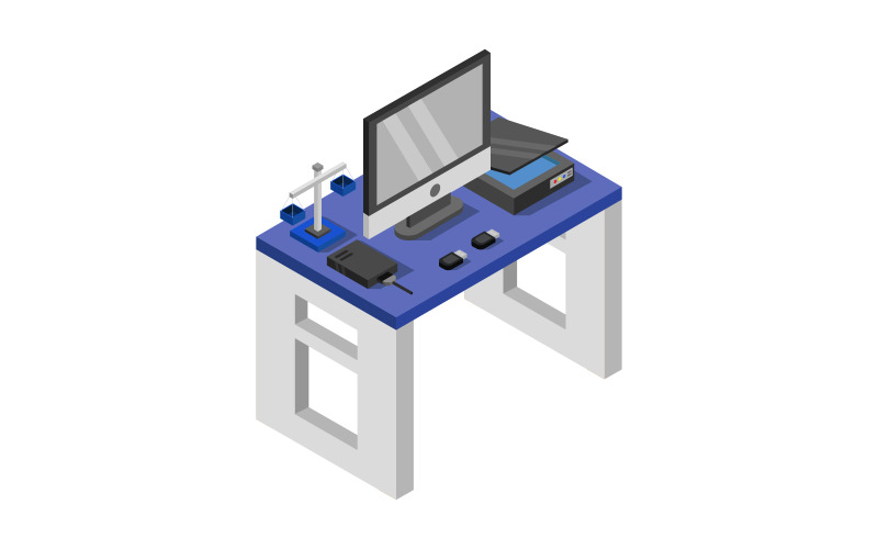 Isometric office desk on white background - Vector Image