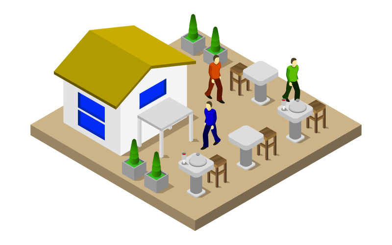 Download Vector "Isometric restaurant on background - Vector Image" / Isometric restaurant on background - Vector Image - Vector на тему графика illustration,room,food,restaurant,chair,table,kitchen,vector,interior,cafe,isometric,building,meal,dinner,equipment,plan,3d,art,concept,bar