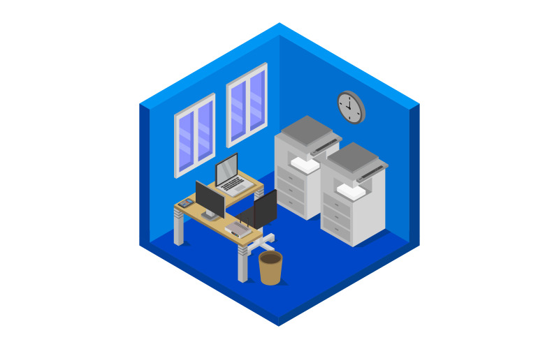 Download Vector "Isometric office room - Vector Image" / Isometric office room - Vector Image - Vector на тему графика workplace,room,team,isometric,business,table,furniture,3d,interior,office,infographic,indoor,wall,illustration,desk,corporate,pc,seat,cutaway,monitor