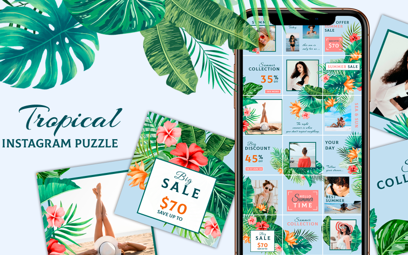 Download Шаблон для соцсетей "TROPICAL - Instagram Puzzle Social Media Template" / TROPICAL - Instagram Puzzle Social Media Template - Шаблон для соцсетей на тему графика summer,sea,tropics,palm,rest,beach,resort,vacation,tourist,shops,sales,beauty,brand,fashion,instagram,banner,puzzle,post,canva,templates