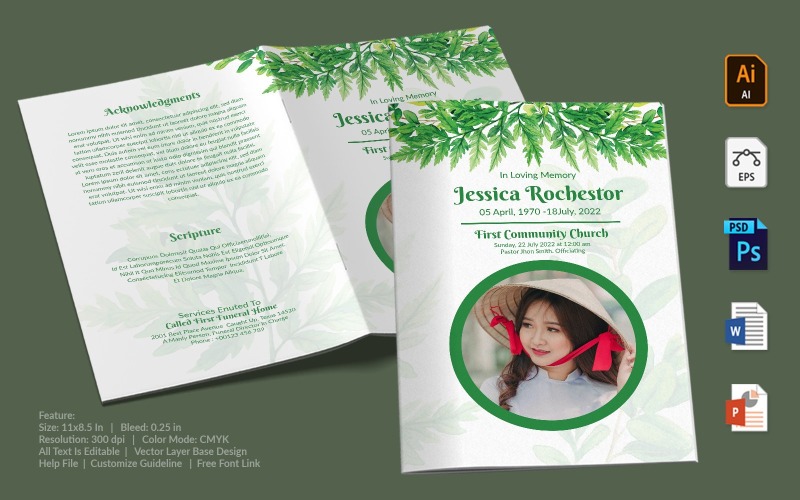 Download Фирменный стиль "Printable Funeral Program - Corporate Identity Template" / Printable Funeral Program - Corporate Identity Template - Фирменный стиль на тему графика printable,funeral,memorial,obituary,bituary,program,service,template,brochure,card,custom,photoshop,illuastator,vector,word,powerpoint,psd,ai,eps,docx