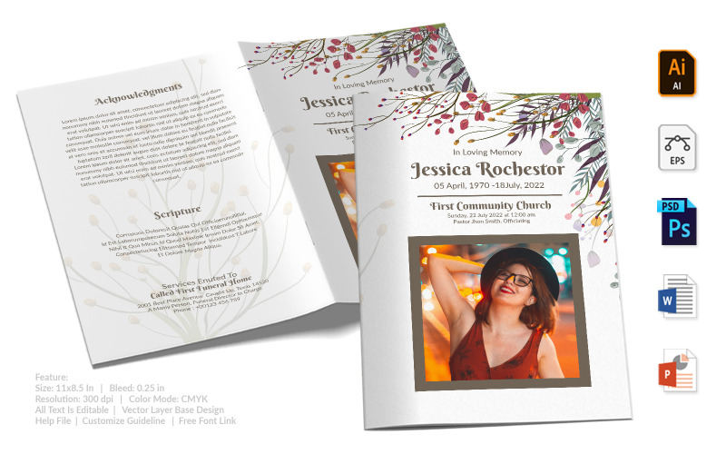 Download Фирменный стиль "Printable Funeral Program - Corporate Identity Template" / Printable Funeral Program - Corporate Identity Template - Фирменный стиль на тему графика printable,funeral,memorial,obituary,bituary,program,service,template,brochure,card,custom,photoshop,illuastator,vector,word,powerpoint,psd,ai,eps,docx