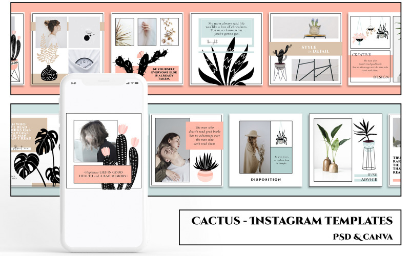 Download Шаблон для соцсетей "CACTUS - Instagram Templates for Social Media" / CACTUS - Instagram Templates for Social Media - Шаблон для соцсетей на тему графика modern,minimal,white,canva,templates,post,instagram,cactus,plants,illustration,abstract,pink,blue,beige,geometry,strict,bright,youth,photoshop