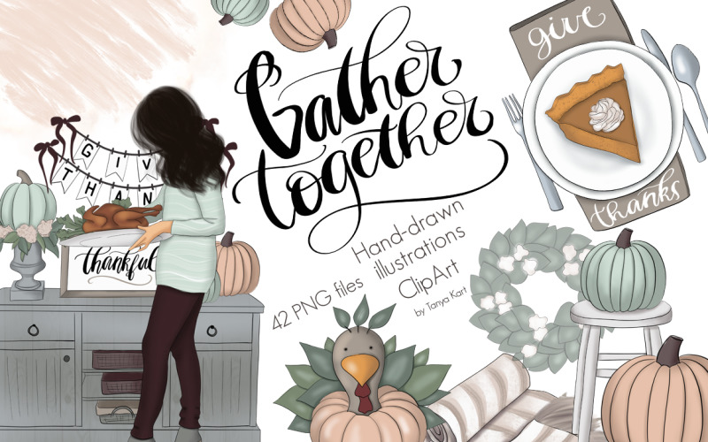 Download Иллюстрация "Gather Together Graphic Design Kit - Illustration" / Gather Together Graphic Design Kit - Illustration - Иллюстрация на тему графика give,thanks,thanksgiving,fall,autumn,pumpkins,girls,wreath,paper,pattern,blog,scrapbook,lettering,planner,illustration,texture,design,fashion,invitation,clipart