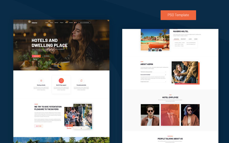 Download PSD шаблон "Adame - Hotel PSD Template" / Adame - Hotel PSD Template - PSD шаблон на тему напитки и еда apartment,booking,chalet,hostel,hotel,theme,motel,reservation,resort,rooms,travel