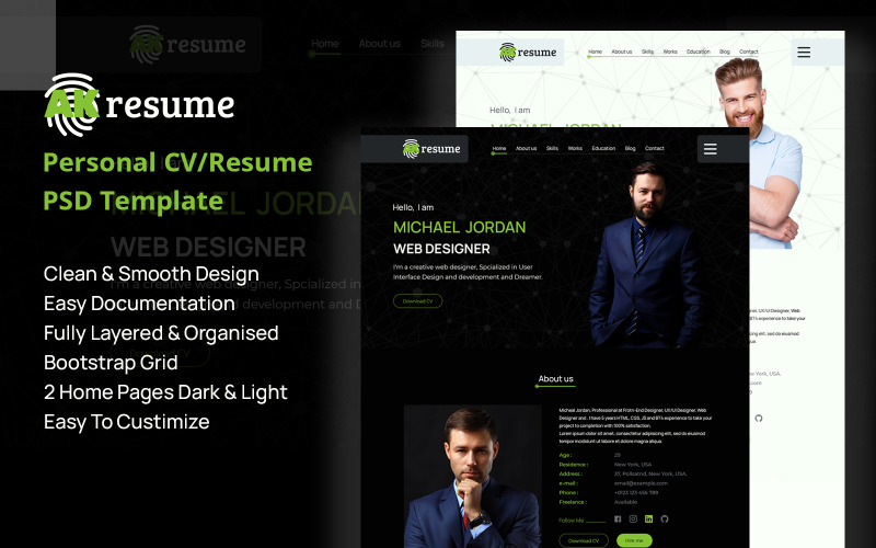Download PSD шаблон "AKresume - Personal CV/Resume PSD PSD Template" / AKresume - Personal CV/Resume PSD PSD Template - PSD шаблон на тему графика creative,cv,easy,customizable,freelance,modern,online,resume,personal,portfolio,professional,responsive,vcard,tech,business,design,dark,design,personal,portfolio