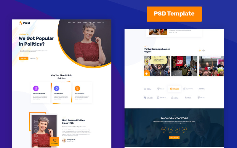 Download PSD шаблон "Paret - Political PSD Template" / Paret - Political PSD Template - PSD шаблон на тему политический кандидат candidate,election,campaign,politic,political,partyundefined