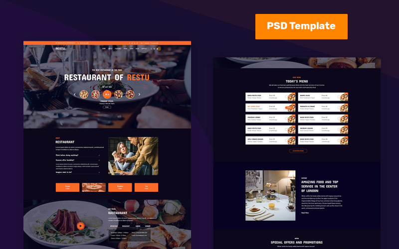 Download PSD шаблон "Restu - Restaurant PSD PSD Template" / Restu - Restaurant PSD PSD Template - PSD шаблон на тему кафе bakery,bar,cafe,flat,food,fullscreen,menu,parallax