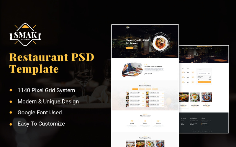 Download PSD шаблон "Smak - Restaurant PSD Template" / Smak - Restaurant PSD Template - PSD шаблон на тему магазин еды asian,food,bar,chef,coffee,shop,culinary,dinner,hamburger,menu,pizza,restaurant,ristorante,sushi,bakery,bistro,cafe,cooking,diner,pub