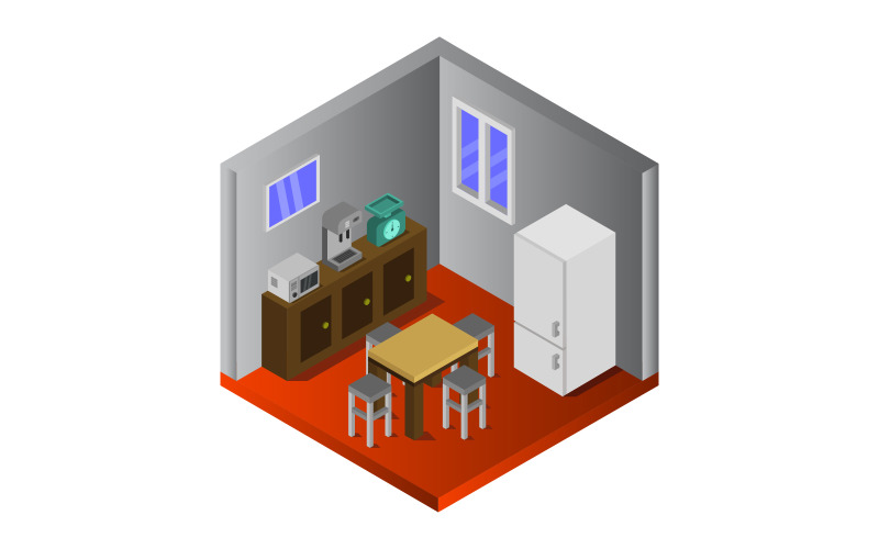 Download Vector "Isometric Kitchen Room on Background - Vector Image" / Isometric Kitchen Room on Background - Vector Image - Vector на тему графика room,vector,isometric,fridge,meal,food,chef,restaurant,cooking,equipment,professional,illustration,cutaway,cross-section,oven,set,architecture,table,kitchen,stove