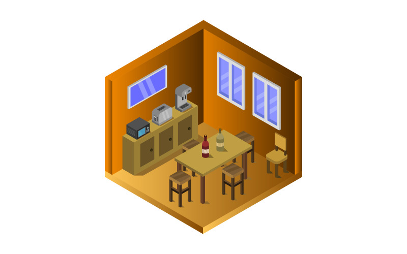 Download Vector "Isometric Kitchen Room - Vector Image" / Isometric Kitchen Room - Vector Image - Vector на тему графика room,vector,isometric,fridge,meal,food,chef,restaurant,cooking,equipment,professional,illustration,cutaway,cross-section,oven,set,architecture,table,kitchen,stove