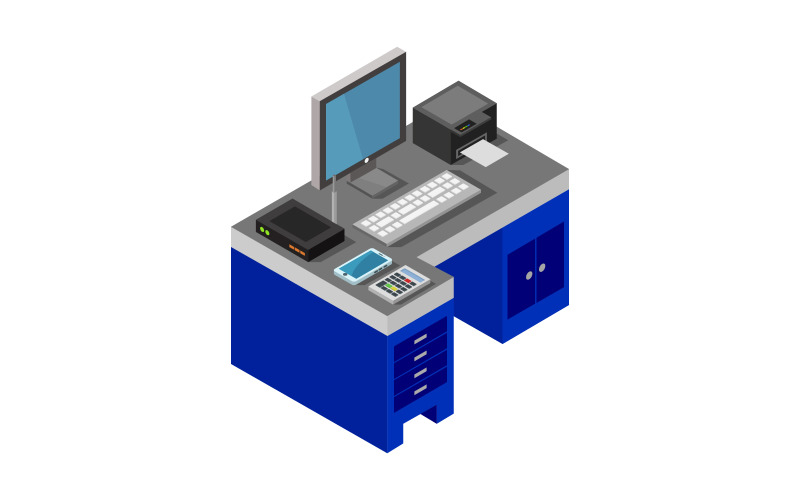 Download Vector "Isometric Office Desk - Vector Image" / Isometric Office Desk - Vector Image - Vector на тему графика workplace,illustration,business,table,vector,design,computer,interior,desk,isometric,work,3d,office,home,desktop,coffee,designer,website,keyboard,graphic