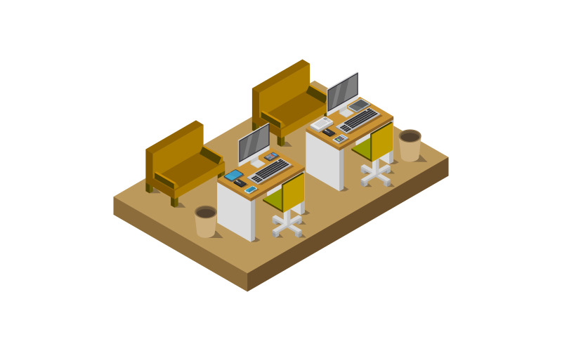 Mesa de escritório isométrica no fundo - imagem vetorial