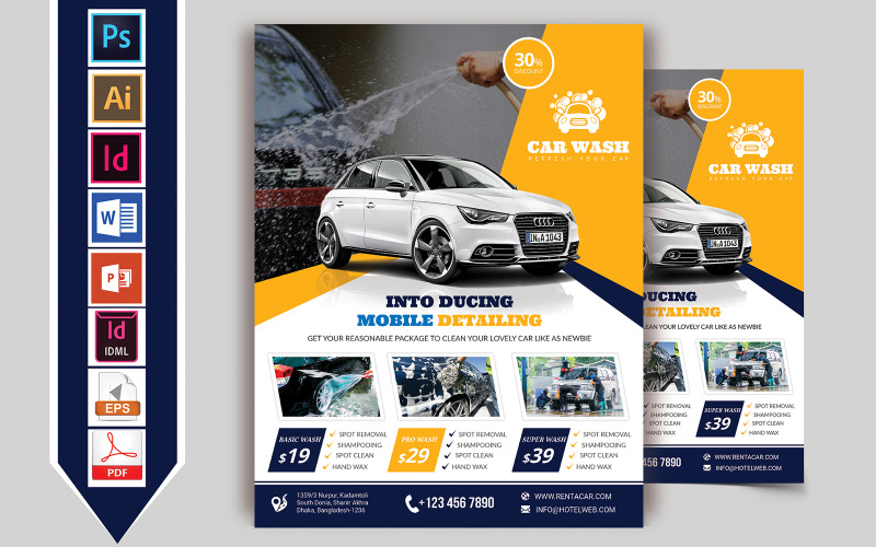 Download Фирменный стиль "Car Wash Flyer Vol-05 - Corporate Identity Template" / Car Wash Flyer Vol-05 - Corporate Identity Template - Фирменный стиль на тему графика flyer,psd,ai,indd,idml,word,powerpoint,car,wash,carwashing,bus,truck,brochure,washed,download,pdf,automobile